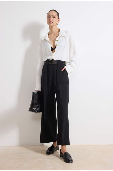 Black Belted Woven Wide Leg Trousers
