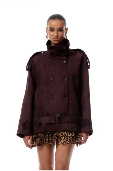 Flavia Burgundy Belted Suede Trench Coat