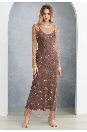 فستان شيك ويش شيفون بيج ماكسي بقصة مستقيمة مزين بالخرز بأكمام طويلة