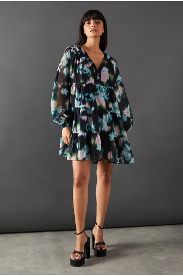 Floral Print Organza Smock Dress
