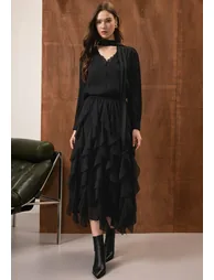 Lace-Inset Tie-Bow Puff Sleeve Top in Black for Tea Parties & Dinner Dates
