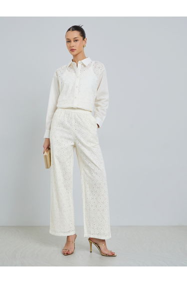 Off White Embroidered Eyelet Cotton Shirt