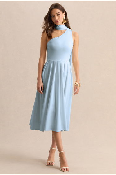 Odette | Powder Blue Asymmetric-Neck Midi Dress With Scarf