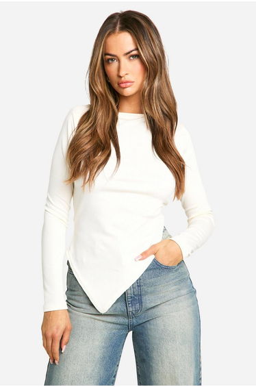 Rib Slash Neck Asyy Hem Top - cream