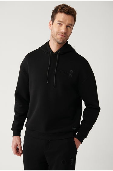 Men's Black Hooded Raised 3 Thread Sweatshirt