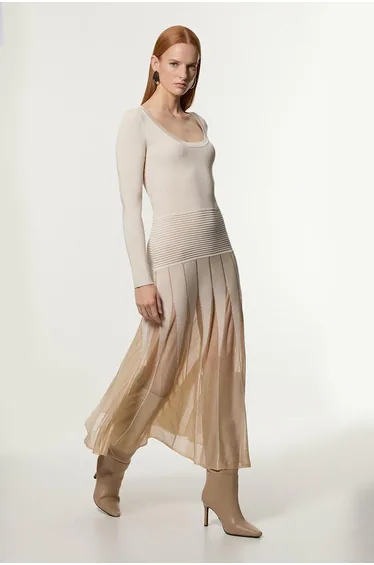 Slinky Knit Scooped Neck Sheer Detail Maxi Dress