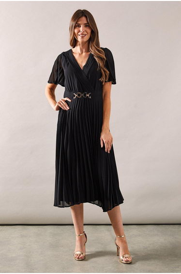 Occasion Buckle Wrap Pleated Midi Dress