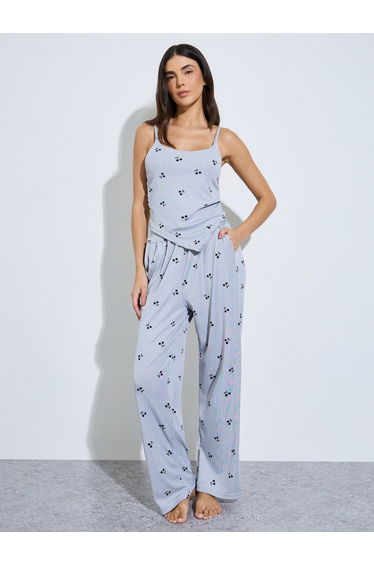 Grey Cherry Print Sleeveless Cami and Pyjama Set