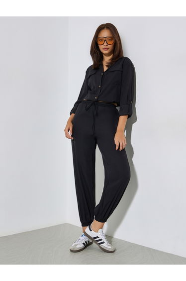 Black Roll-Up Sleeve Shirt and Joggers Set