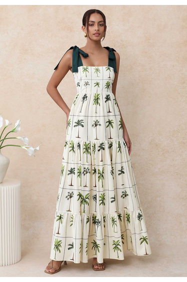 Tropical Tree Tie-Shoulder Cami Maxi Dress