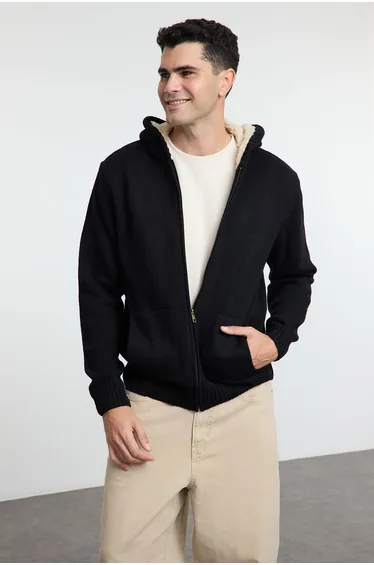 Black FL Men's Regular Hooded Plain Knitwear Cardigan