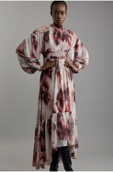 Petite Crinkle Floral Woven Maxi Dress With Laced Back And Embellishment