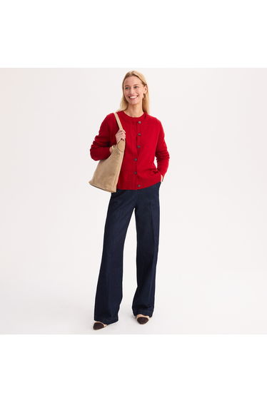 Fine Wool Blend Cardigan with Crew Neck
