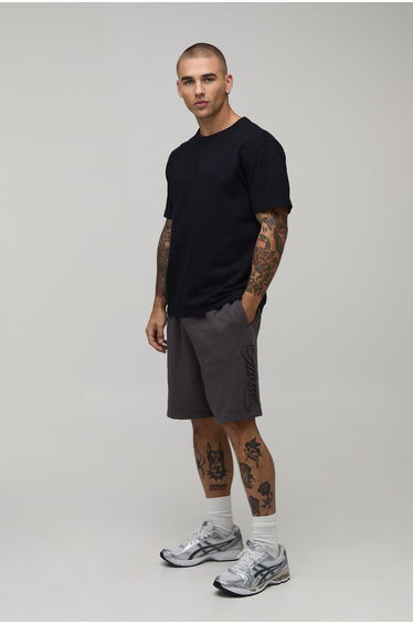 Regular Fit Slogan Washed Loopback Jersey Short - charcoal