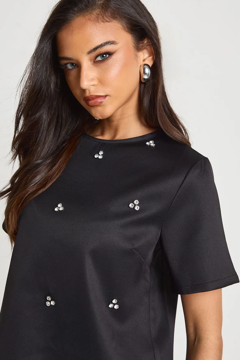 Diamante Boxy Crepe T-Shirt - black - 3