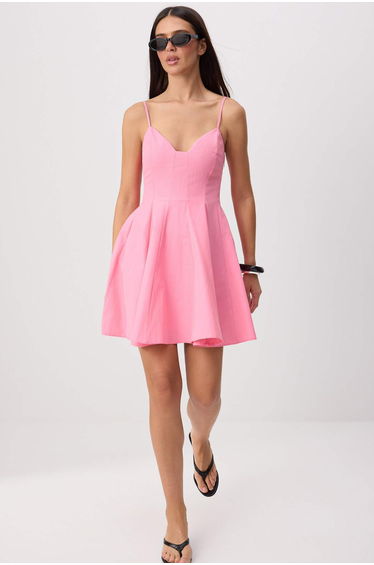 Pink Mini Skirt Flounced Woven Dress