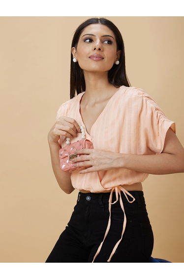 Stiped Ruched Sleeve Waist Tie-Up Crop Top