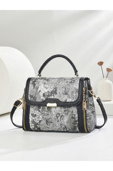All Over Print Zip Detail Handbag with Adjustable Strap
