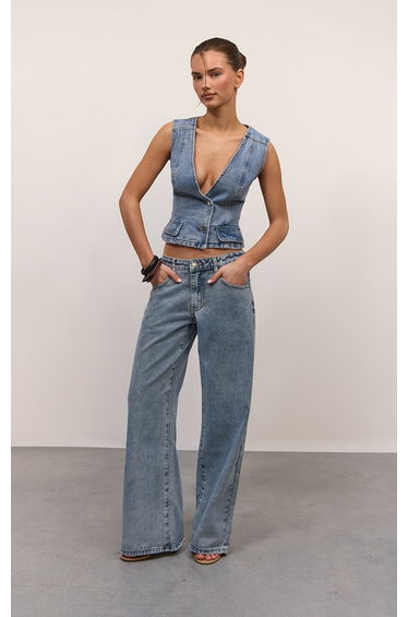 Mid Blue Asymmetric Wrap Style Denim Waistcoat