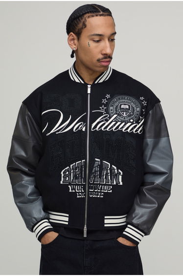 Boxy Fit Melton & PU Mixed Fabric Embellished Varsity Jacket - black