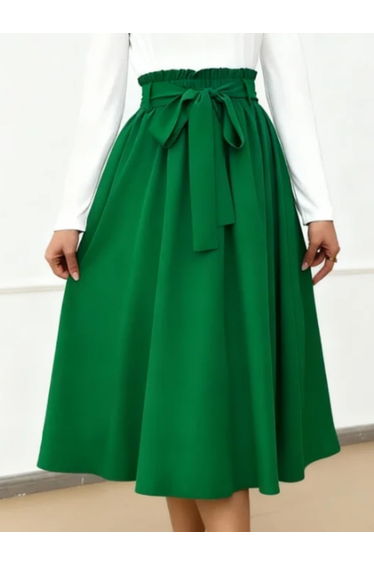 Emerald Green A-Line Midi Skirt with Bow Belt