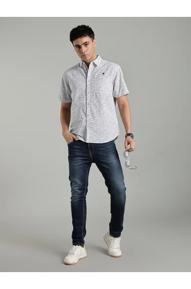 Men White Leaf Print Short Sleeve Shirt
