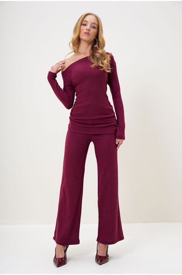 Women's Claret Red Boat Neck Side Draped Interlock Fabric Blouse and Trouser Set