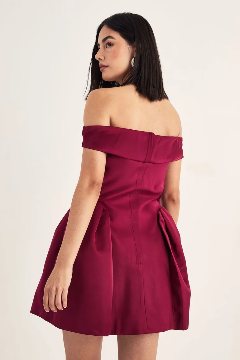 Satin Structured Bardot Lantern Mini Dress - 3