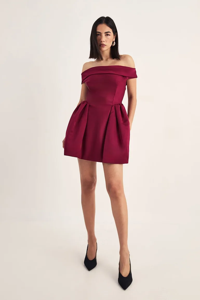 Satin Structured Bardot Lantern Mini Dress