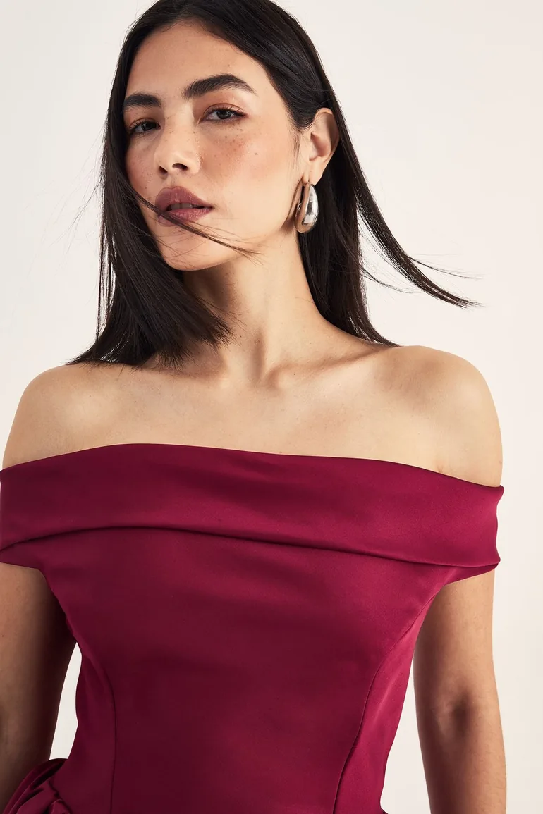 Satin Structured Bardot Lantern Mini Dress - 2