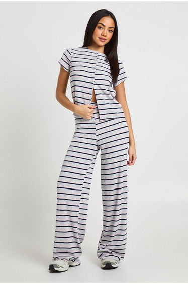Stripe Rib Button Through Cap Sleeve Top and Trouser Set - grey