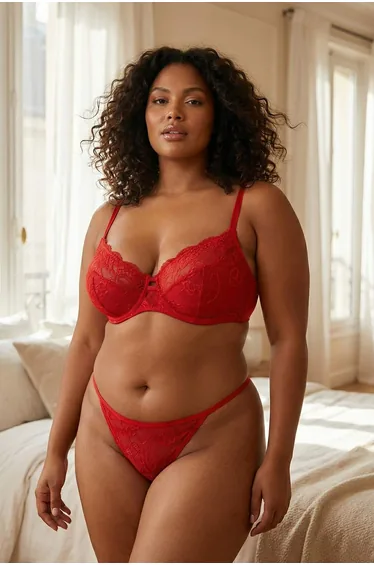 Red Lace Piece Piped Detail Thread Strap K Cup-Free Knitted Underwear Set