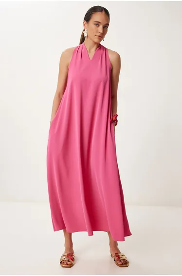 Women Fuchsia Halter Neck Draped Long Stylish Dress