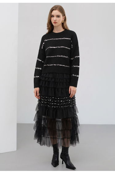 Rhinestone Pearl Embellished Tiered Mesh Maxi Skirt in Black for Birthday Dinner & Bridesmaid Occasion