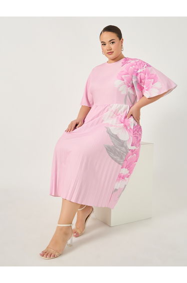 Plus Size Floral Print Pleated A-Line Midi Dress