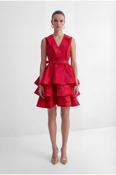 Stars Are Shining Red V-neck Tiered Ruffle Mini Dress
