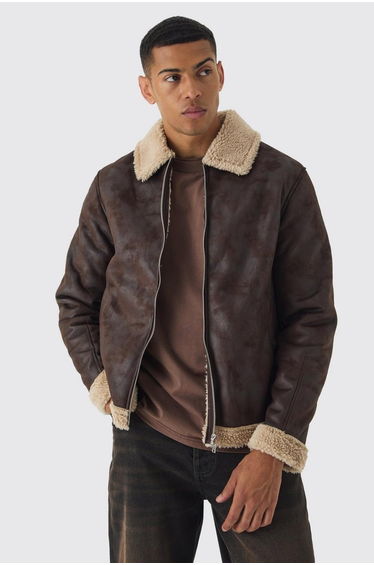 Faux Suede Aviator Jacket In Brown - brown