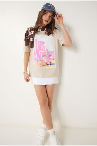 Women's Cream Printed Cotton Oversize Knitted T-Shirt
