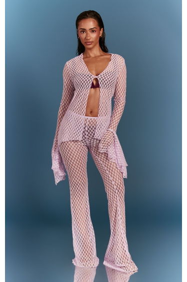 Lilac Textured Sheer Flared Low Rise Beach Trousers
