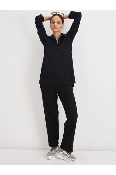 Women Black Waffle Knit High Neck Top