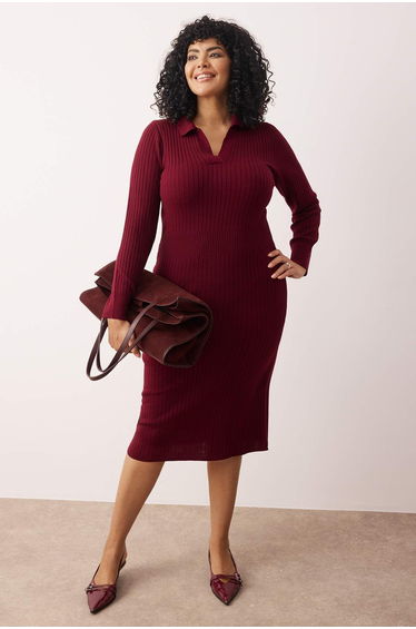 Plum Polo Collar Ribbed Knit Dress