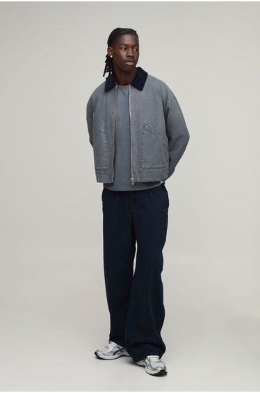 Wide Fit Half & Half Waistband Washed Twill Trouser - dark navy