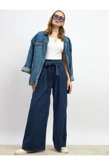 High Rise Wide Leg Pleated Jeans with Waist Tie-Up Belt