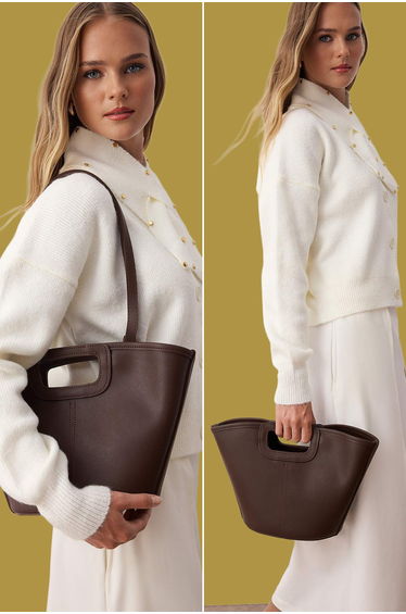 Brown Stitching Detailed Dual-Use Bucket Hand and Shoulder Bag