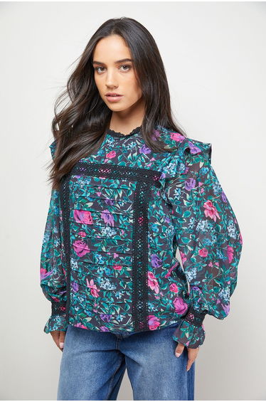 Printed Lace Trim Pleat Detail Boho Blouse