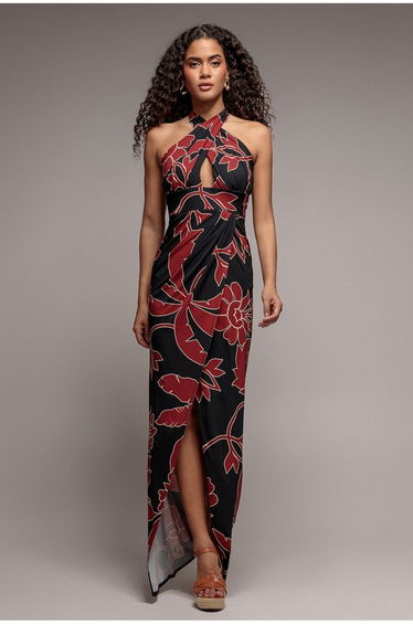 Printed Crossover Maxi Dress - Black by Goddiva