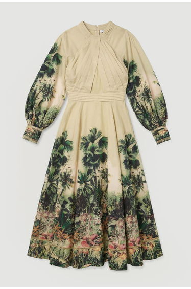 Botanical Print Woven Balloon Sleeve Maxi Dress