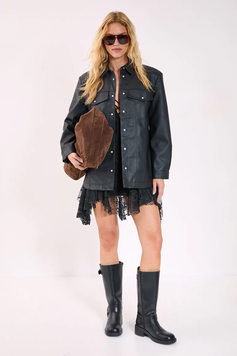 Western Faux Leather Shoulder Pad Shirt