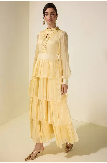 فستان جاردان فو شيفون أصفر ميداكسي على شكل حرف A بأكمام طويلة