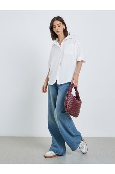 Women White Solid Schiffli Short Sleeve Oversized Shirt